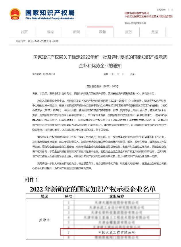 中國天辰工程有限公司獲評“國家知識產權示范企業”